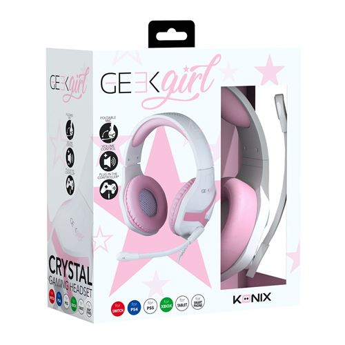 Casque Konix Geek Girl Crystal Blanc et rose filaire