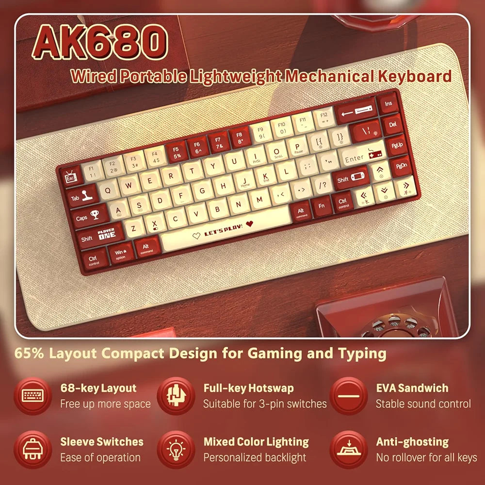 لوحة مفاتيح سلكية A.JAZZ AK680 ميكانيكية سلكية (65%) - أحمر وأبيض