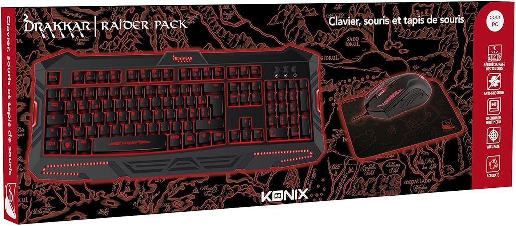 PACK CLAVIER + SOURIS + TAPIS Konix Drakkar Raider Pack
