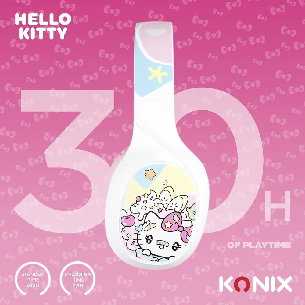 Casque Konix Hello Kitty sans Fil Bluetooth 5.3 Autonomie 30 h  + Câble Jack 3,5 mm - Blanc et Rose