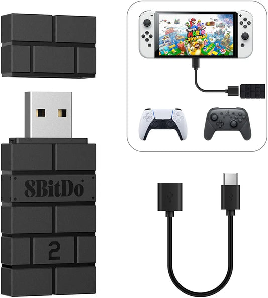 8BitDo USB Wireless Bluetooth Adapter 2 Receiver for Nintendo Switch 1, 2 PS1 Raspberry Pi Mini PS4 Controller for PS5 Handle
