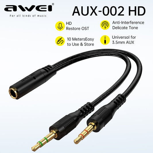 Adapteur Casque pour PC AWEI AUX002 3.5mm Headset Microphone 2 in 1 Audio Splitter Cable AUX Cable