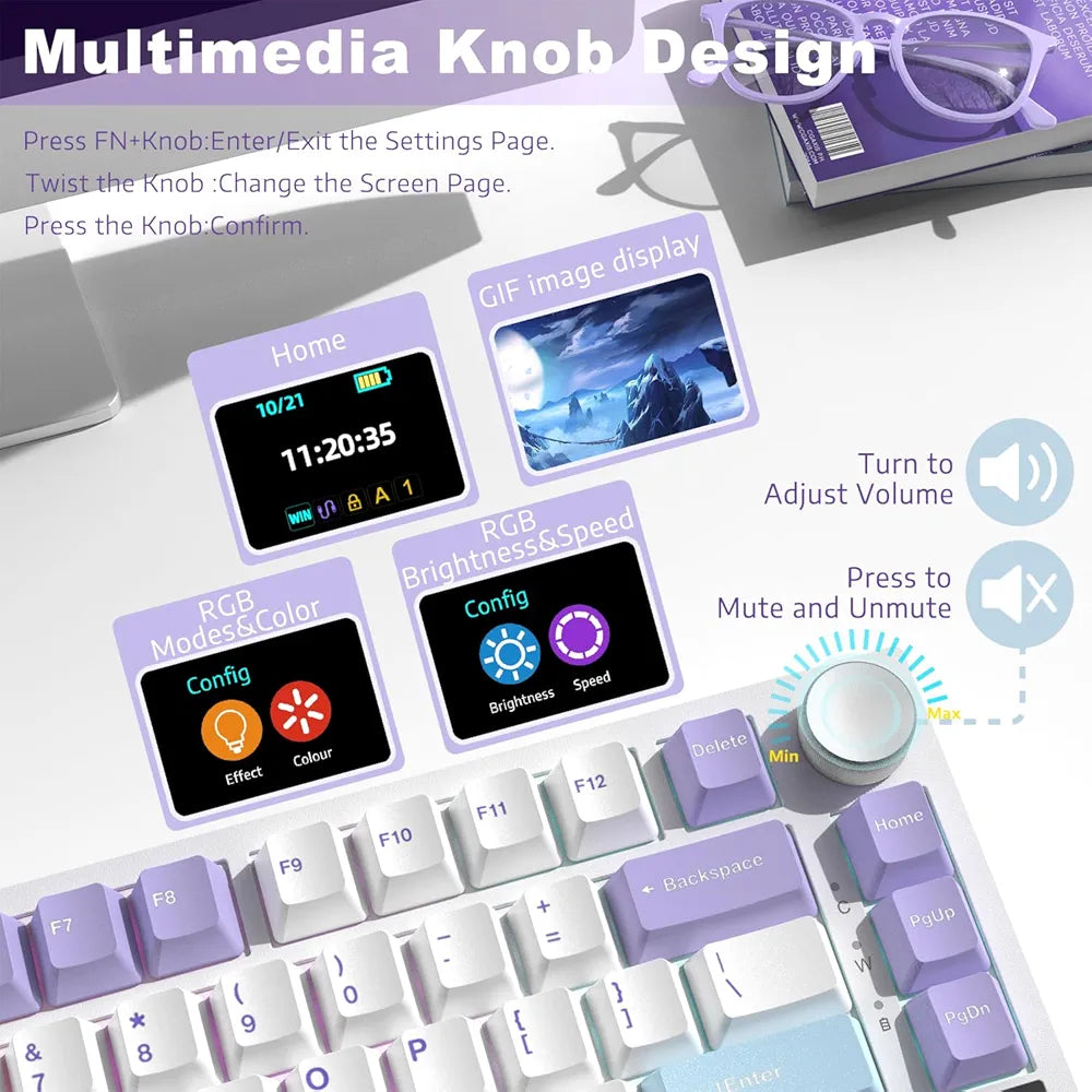 Clavier mécanique  Sans Fil Ajazz AK820 PRO - Purple + WHITE  + Blue | Wireless Gaming Keyboard