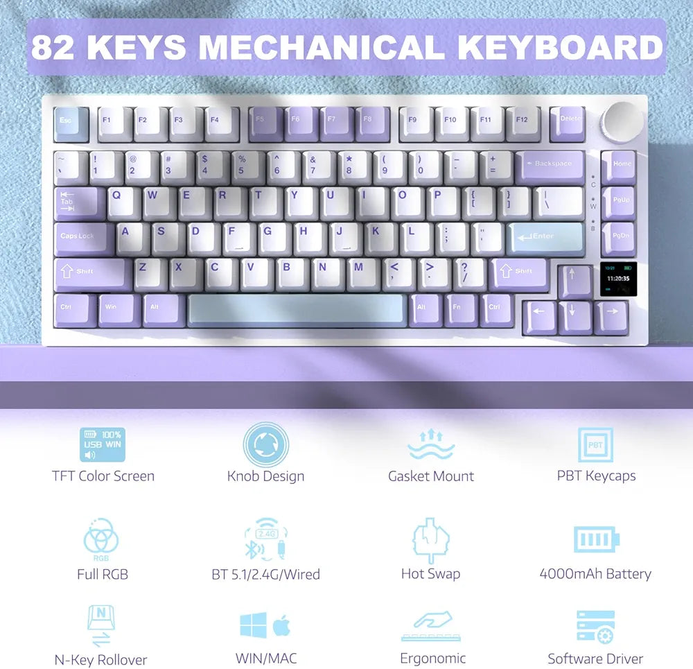 Clavier mécanique  Sans Fil Ajazz AK820 PRO - Purple + WHITE  + Blue | Wireless Gaming Keyboard