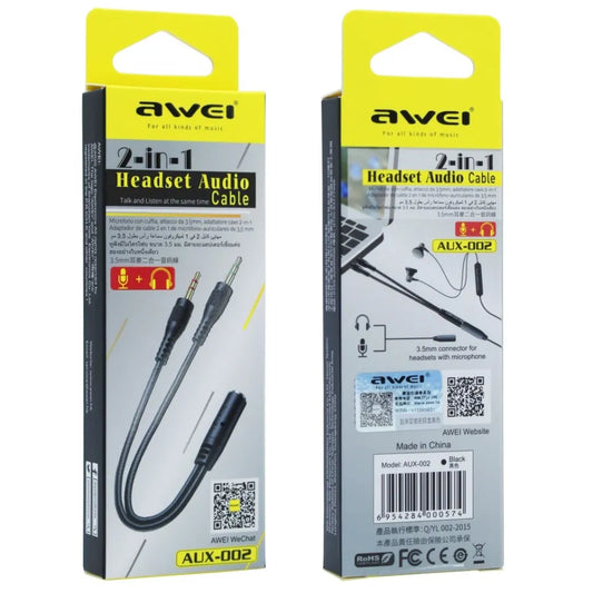 Adapteur Casque pour PC AWEI AUX002 3.5mm Headset Microphone 2 in 1 Audio Splitter Cable AUX Cable